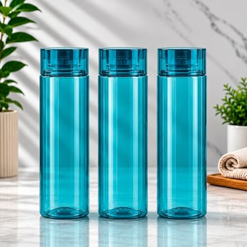 Image of H2O 1 Litre Each Water Bottle Set of 3 - Crystal Clear, BPA-Free, Breakproof & Leakproof | Fridge Safe Transparent PET Bottles | Made in India | Ideal for School, Office, Kitchen & Travel (Blue)