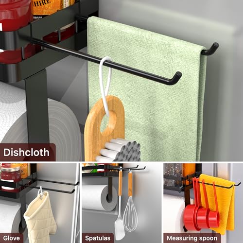 Image of ZUNTO Magnetic Paper Towel Holder for Fridge, Black Kitchen Organizer with Towel Roll Holder, Spice Shelf and 2 Hanging Racks(No Drilling)