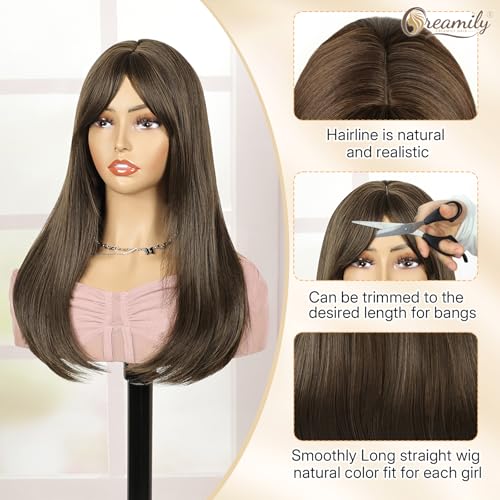Image of Creamily Straight Long Hair Wig for Woman Girls Full Head Natura,Brown Artificial Women Hair Wig,Synthetic Ladies Wigs with Bang for Daily Use (Brown, 20 inch)