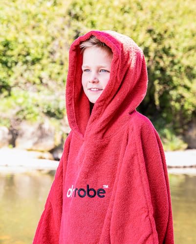 Dryrobe Towel Swim Robe - Hooded Surf Poncho Changing Robe - Organic Cotton - for Swimming, Beach, Surfing - Short Sleeve- (Medium-Red)3