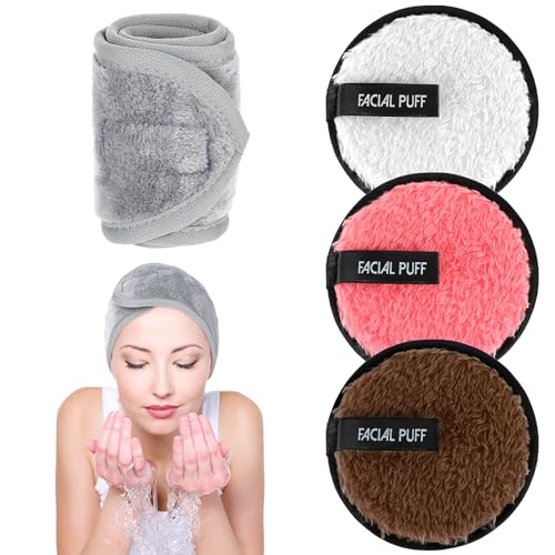 4Pcs Soft Makeup Remover Pads with Spa Facial Towel Headbands,Washable Face Cleansing Pads Microfibre Cotton Make Up Pads/Wipes Face Cleansing Cloths for All Skin Type