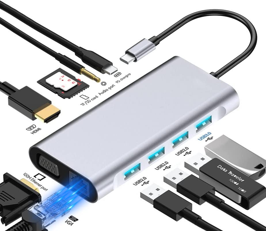 11 en 1 USB C Hub，Adaptador multipuerto Hub USB C Tipo C ,con USB 3.0/100W PD Cargando con 4K 60 Hz, Ethernet de 100 bps, entrega de alimentación de 100 W,...