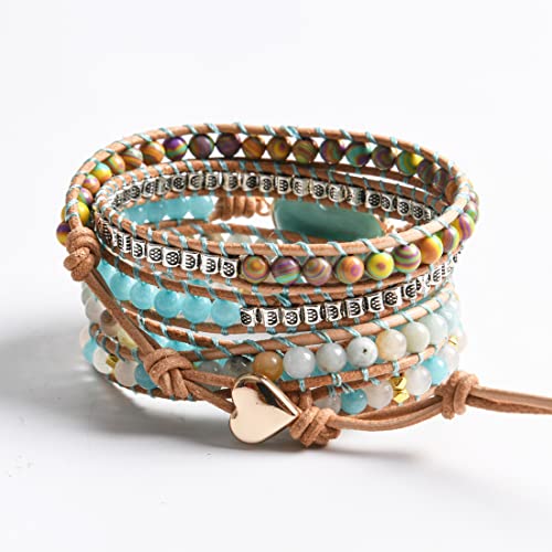 Nuzujx Healing Natural Heart Amazonite Gemstone Bracelet Meditation Energy Spiritual Protection Mental Health Balance 5 Strands Handmade Leather Wrap Handmade Bracelet #TOP4