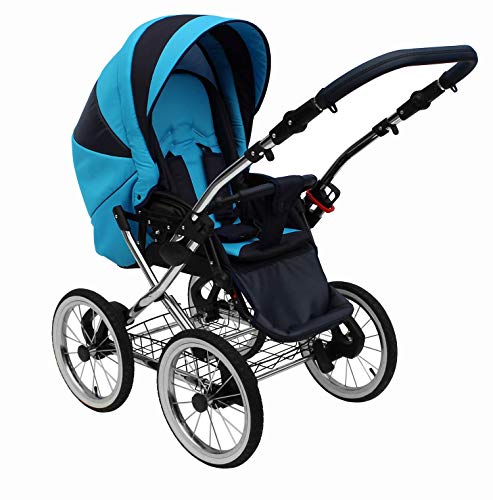SKYLINE Klassisch Retro Stil Kombi-Kinderwagen Buggy 3in1 Reise System Autositz (Isofix) (Blau/14"Luft Bereifung)