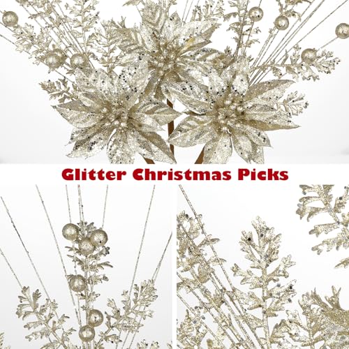 3 Pcs Champagne Artificial Poinsettia Flowers Picks Glitter Christmas Floral Picks and Sprays Christmas Fake Flowers Stems with Berries Pine Branches Fillers for for DIY Centerpieces Vase Decor by Oairse - Image 3