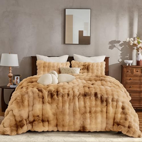 Image of Wonderful - 3 Pieces Faux Rabbit Fur Comforter Set King Size, Caramel Tie Dye Plush Bedding Set, 3D Sculpted Bubble Warm Fluffy Comforter for Winter