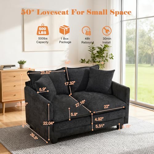MUDANT Loveseat Sofa Cloud Sofa Couch 50'', Modern Loveseats 2 Seat Couch 27" Deep Seat with 2 Pillows for Small Spaces Apartment Studio Office Bedroom Living Room 8834-BLACK-1
