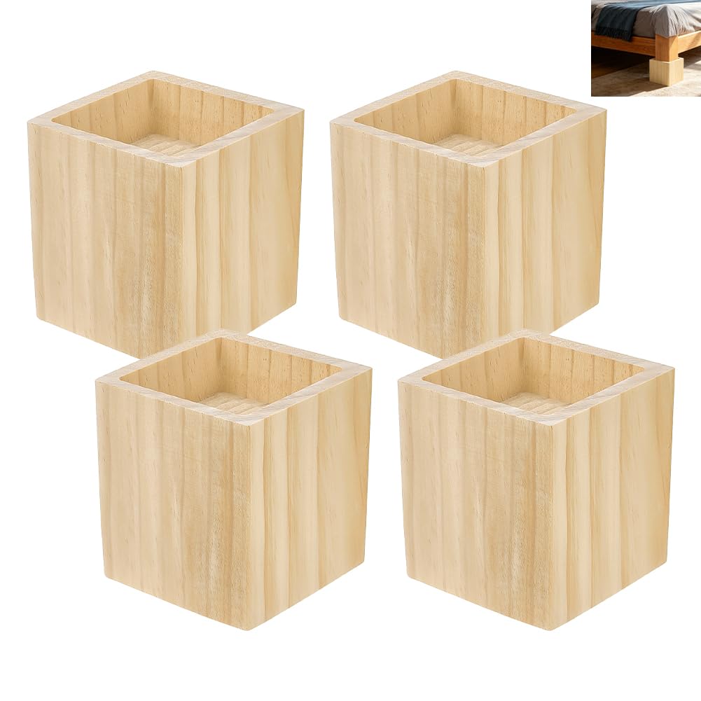 NBEADS 4 Pcs Pine Wood Bed Risers, 10x10x11cm Square Furniture Lifters with 82mm Inner Hole, Heavy Duty Wooden Bed Risers for Sofa, Table, Desk, Create Extra Storage Space