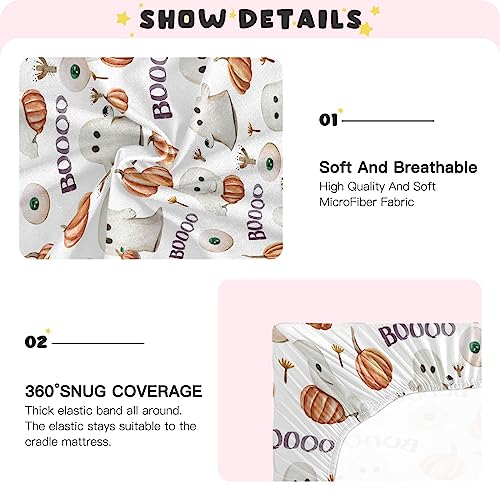 Image of Ghosts Pumpkins Halloween Crib Sheets Soft Breathable Fitted Baby Playard Sheets Mattress Cover for Girl Boys, 39 inch x 27 inch x 5 inch