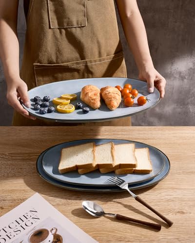 famiware Serving Platter, Oval 15.59/14.3/12.9inch Serving Dishes for Entertaining, Serving Bowls, Reactive Glaze, Stoneware Serving Trays for Party, Food, Turkey, Cheese, Ocean Series, Blue