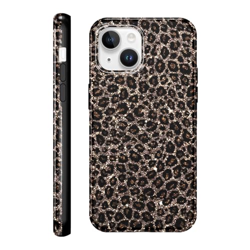 Foonary Leopardata Cover per iPhone 14, Aesthetic Mucca Motivi Moda Disegno, Glitter Silicone Custodia Estivi per Ragazza Donne, Antiurto Anticaduta Bumper Case per iPhone14 6,1', Marrone