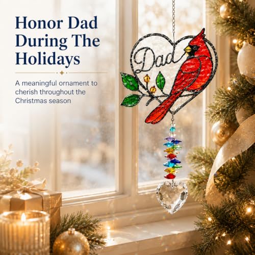 Image of Dad Memorial Ornament, Acrylic Heart Cardinal Suncatcher with Crystal Pendant, Stained Glass Style Christmas Tree Hanging Decor, Sympathy Gift for Loss of Father, Bereavement Remembrance Gift