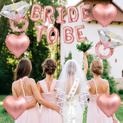 Image of Rose Gold Bachelorette Party Decorations, Rose Gold Bride to Be Banner Heart Balloon with Diamond Ring Foil Balloon, Bride to Be Sash&Veil for Bachelorette Engagement Gift Bridal Shower Party Supplies