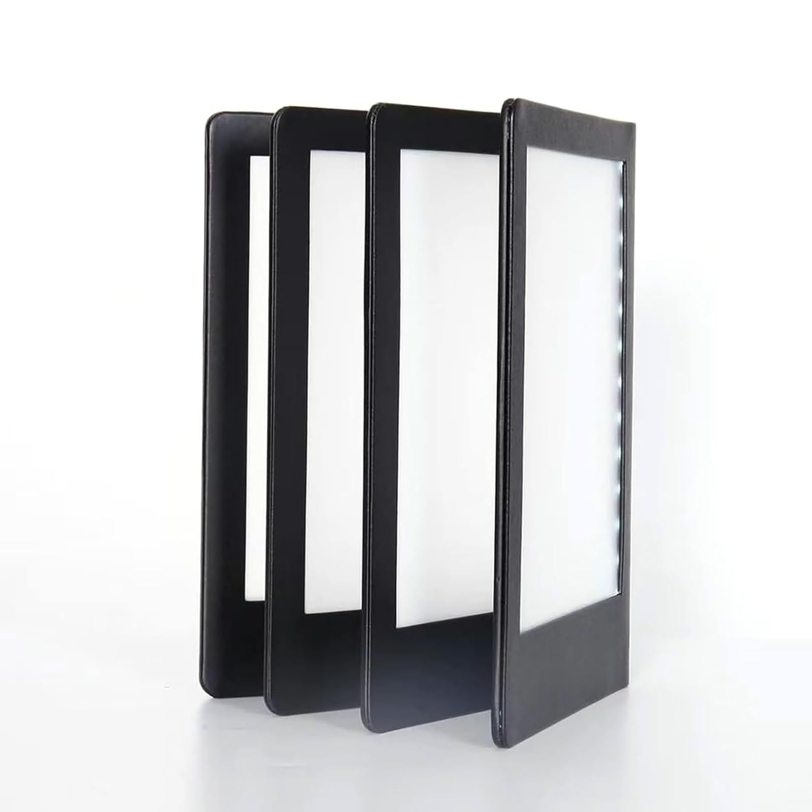 Cubiertas de menú LED, luz retroiluminada, soporte de menú de panel individual/doble con protectores de piel sintética, uso comercial, tamaño A5, pantalla de tres páginas (cuatro caras)