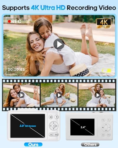 Digital Camera 4K Autofocus Vlogging Camera for Photography with 16X Zoom Anti Shake, 32GB Card, 48MP Compact Portable Point and Shoot Camera for Kids Boys Girls Teens Beginner(White) - 3