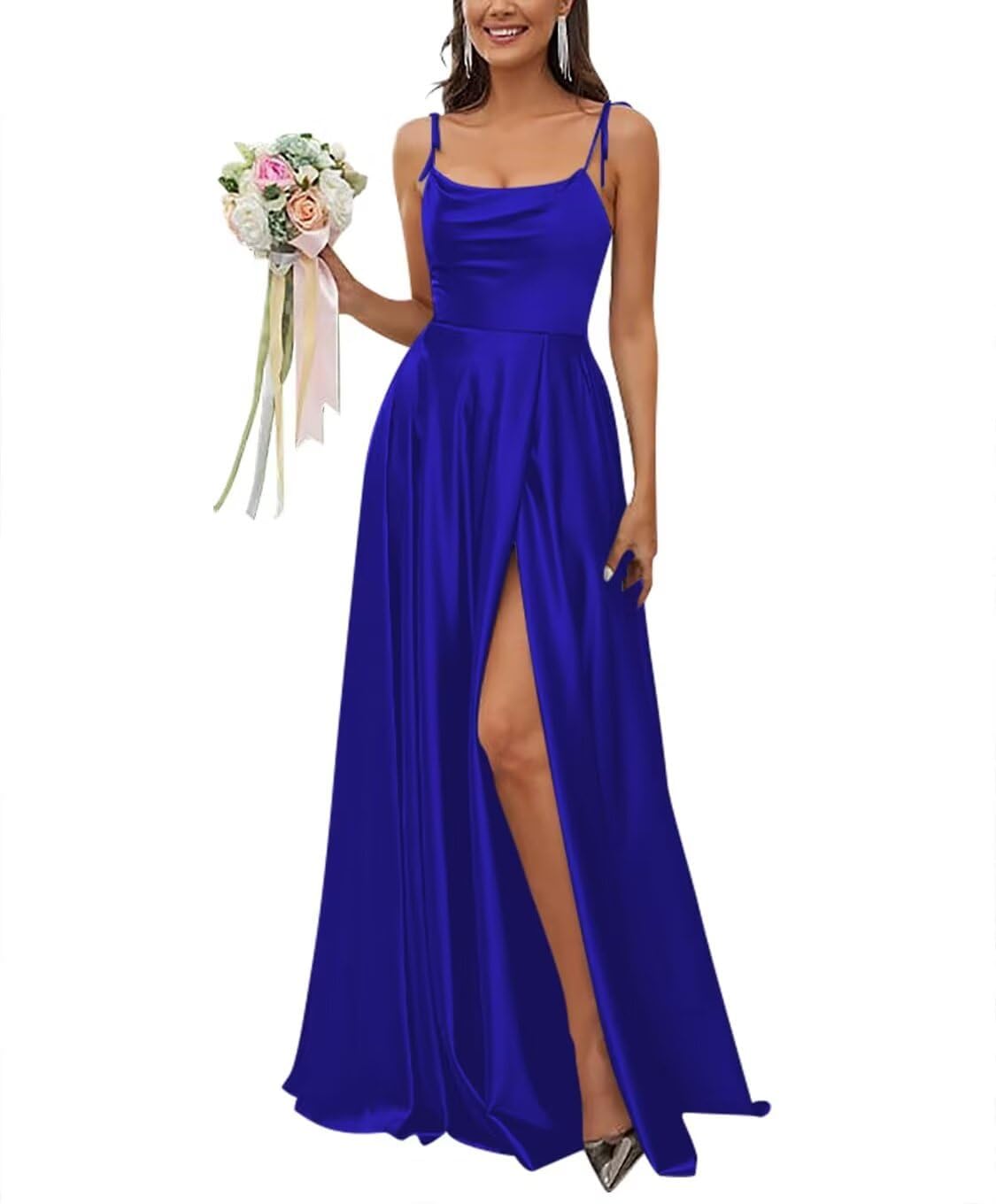 KIYNE Royal Blue Satin Bridesmaid Dresses for Women with Slit Spaghetti Strap Cowl Neck Formal Wedding Guest Dress Party Gown UK14