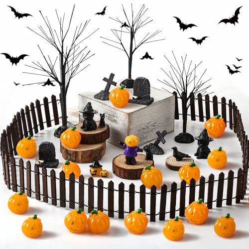 Wesiti 30 Pcs Halloween Village Accessories, Miniature Trees Pumpkins Cats