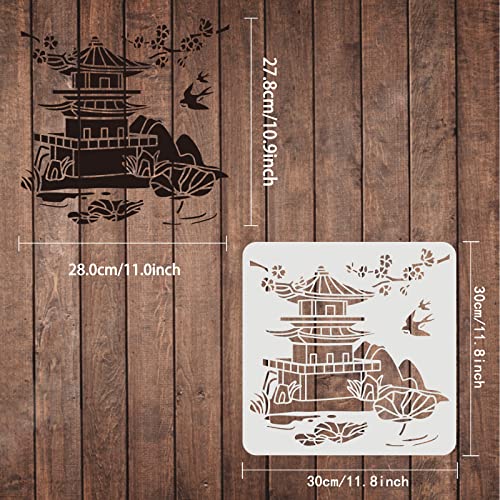 FINGERINSPIRE Oriental Pagoda Stencil 30x30cm Ancient Tower Cutout Drawing Templates Architecture Cherry Blossoms Swallow Lotus Leaf Hills Branch Painting Stencil for Home Decoration - Image 2