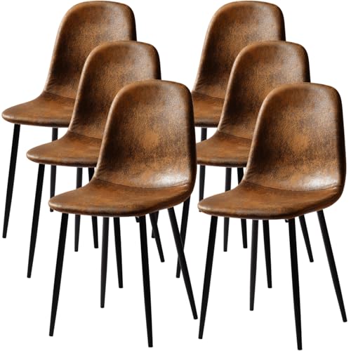 FurnitureR Dining Chairs Set of 6, Fabric Suede Dining Room Side Seating, Kitchen Chairs Mid-Back with Metal Legs for Living Room, Restarant, Cafe, Brown