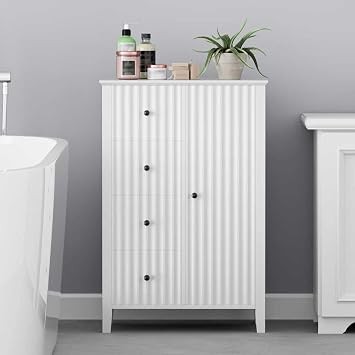 VDNEND Fluted Bathroom Floor Cabinet, Small Wooden Storage Cabinet with 4 Drawers, 1 Adjustable Shelf, Freestanding Storage Unit for Bathroom Hallway Living Room 1, White