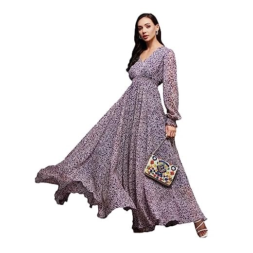 Miss Chase Women's V-Neck Bishop Sleeve Floral Gathered Chiffon Maxi Dress (MCSS23D06-65-190-02, Multicolored-Base-Purple, XS)
