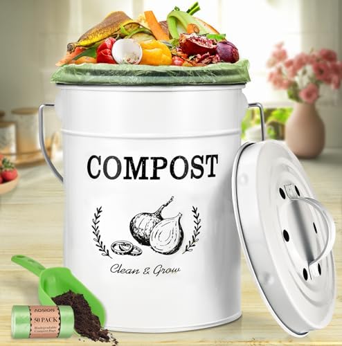 AOSION Countertop Compost Bin Kitchen,Odor Resistant Indoor Compost Bin with Lid and Compost Bags,Compost Bucket Composter Container for Food Waste,White