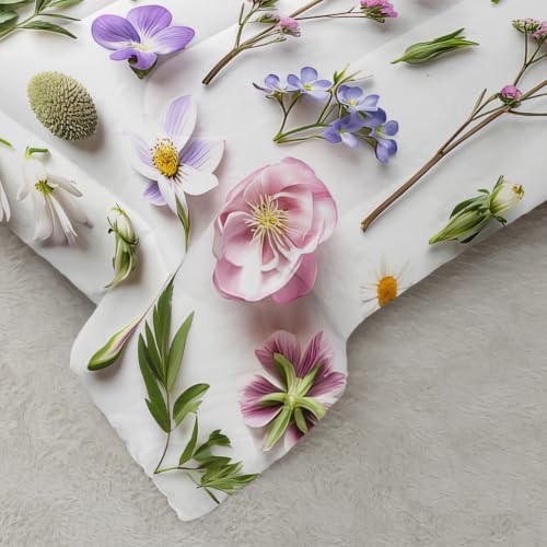 Image of AILONEN Botanical Meadow Comforter Set Twin Size, Wildflower Bedding Ensemble, Green Leaf Bedspread Quilt with 2 Pillowcases for Dorm Bedroom