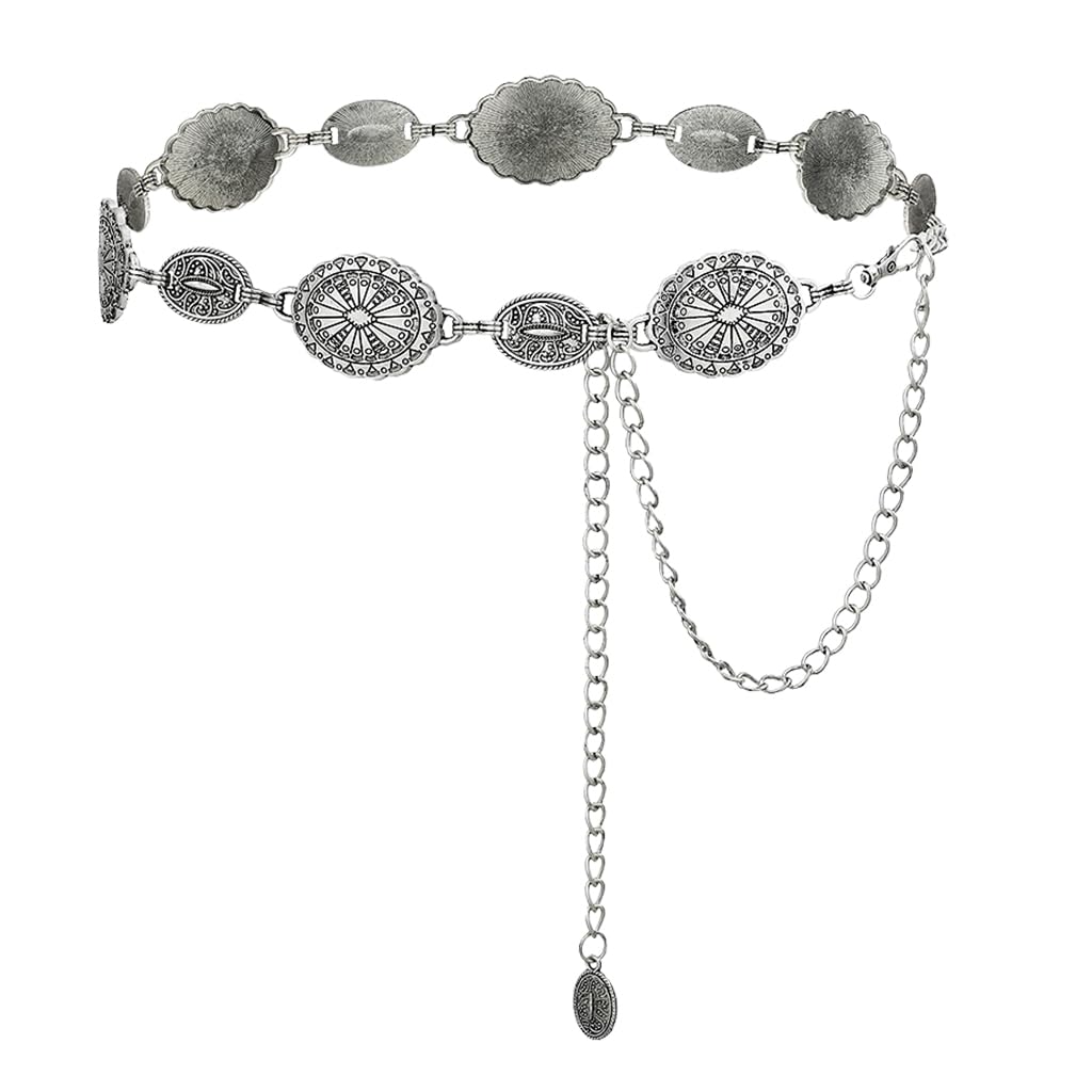 Waist Chain for Women for Saree Gold Metal Concho Waist Belt Stylish Boho Western Hip Belt Fashion Adjustable Cowgirl Jewellery Chain Belts for Dresses, Jeans, Skirts, Beach Outfits