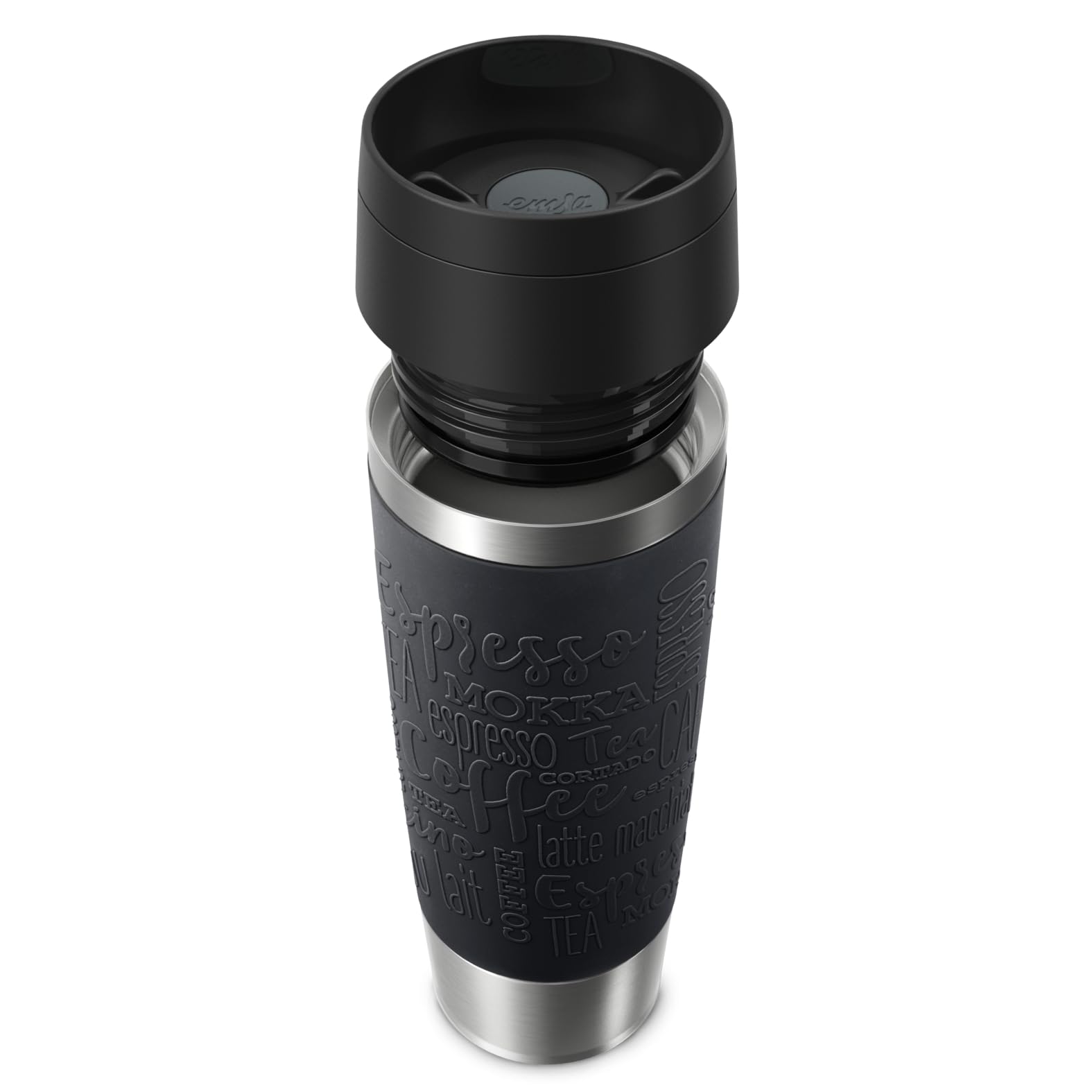 Emsa Taza de viaje con grabado, 500 ml, taza térmica personalizada con nombre o logotipo, taza térmica para café y té para llevar, acero inoxidable, cierre Quick Press, 100% a prueba de fugas (negro)