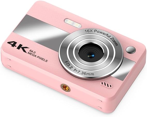 Digital Camera, HD 4K Autofocus Digital Cameras with 32GB Card, 64MP Digital Point and Shoot Camera for Teens with 16X Zoom, 2.4" LCD, Compact Small for Boys Girls Teens Kids Gift (Pink)