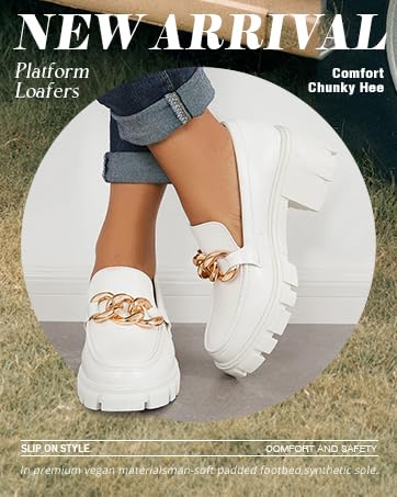 Image of TINSTREE Platform Loafers for Women with Chain Comfort Chunky Heel Slip On Round Toe Business Work Shoes