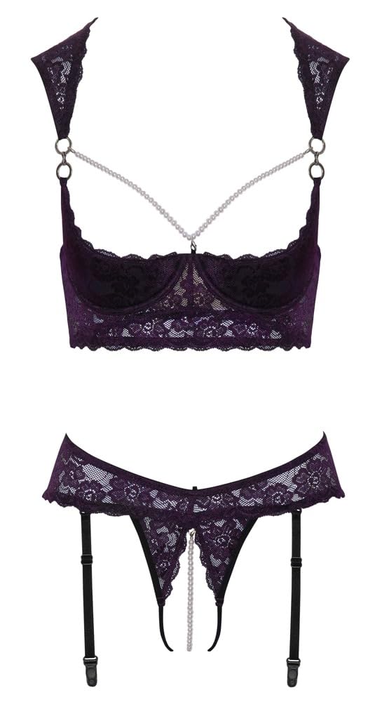 Cottelli Lingerie Half Cup Lace and Pearls Bra Set - Black - L