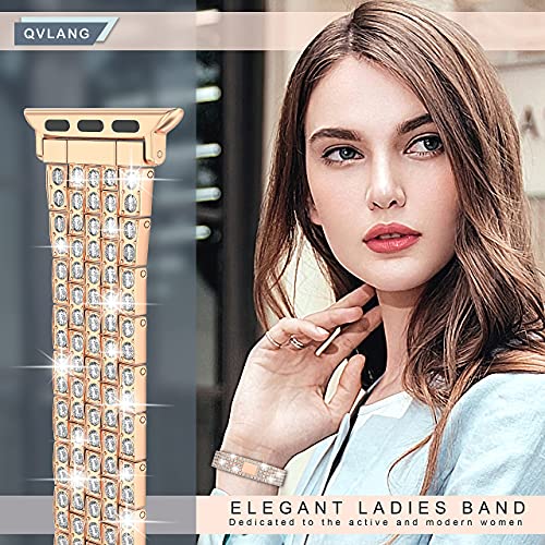 Image of QVLANG Compatible for Apple Watch Band 38mm Series 3 /2 /1, Diamond Rhinestone Case + Women Bling Band Stainless Steel Metal Bracelet for iWatch (Rose Gold, 38mm)