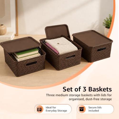Image of Amazon Basics Set of 3 Plastic Storage Baskets with Lid - Stackable Organiser for Wardrobe, Kitchen, Clothes, Toys, Books, Office, Stationery - Multipurpose (Medium, 36x30x13 cm | Brown, Rectangular