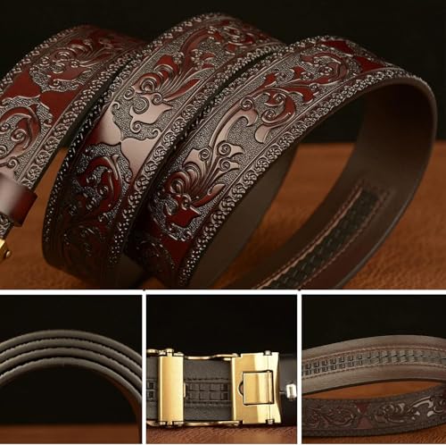 Men's Western Ratchet Belt - Floral Engraved Embossed Strap With Gold Scorpion Automatic Buckle For Jeans4