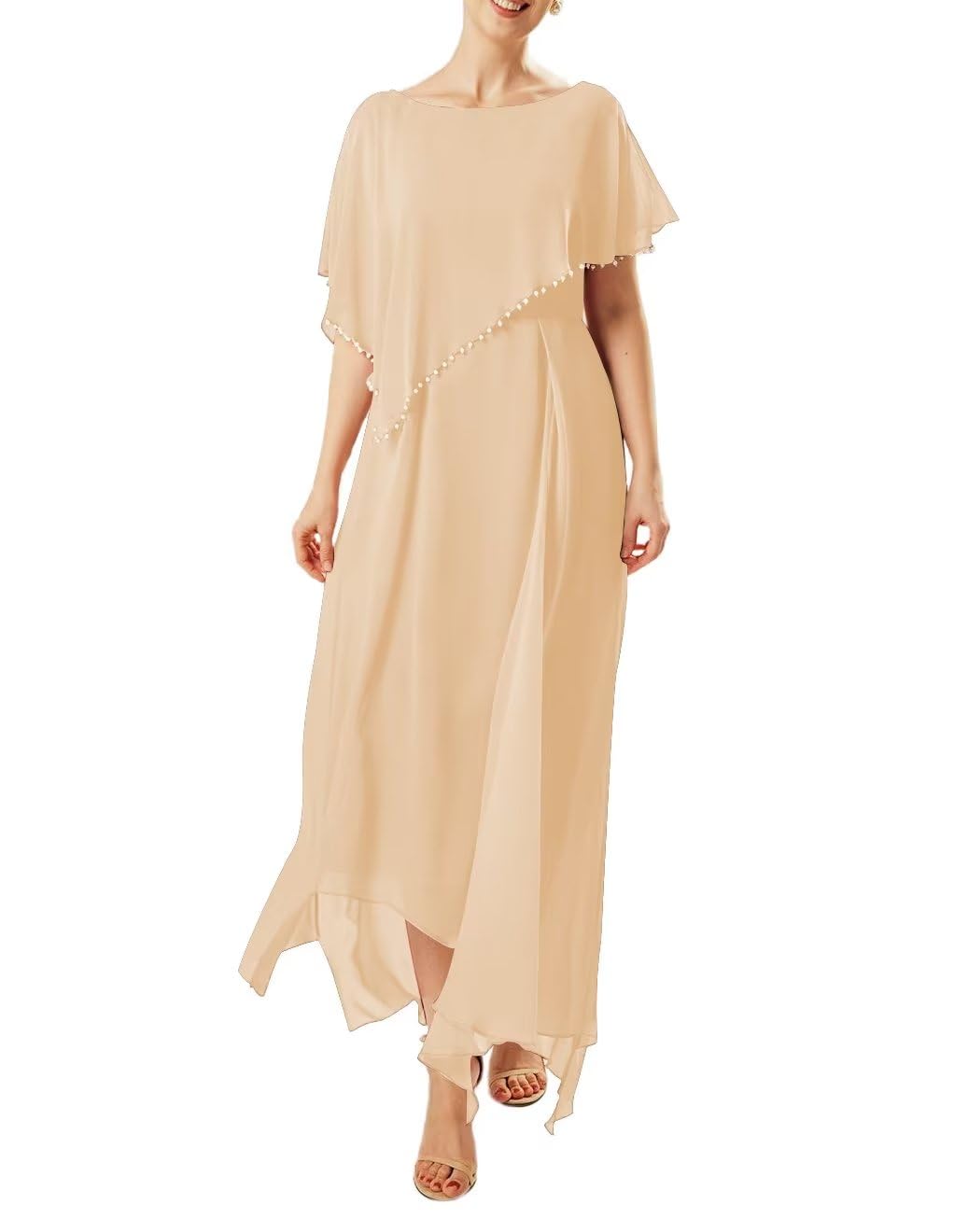 HEIMO Mother of The Bride Dresses Chiffon Long A Line Wedding Guest Dresses Bead Cape Formal Evening Gowns for Women