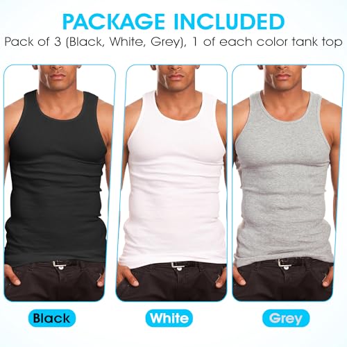 Mens A-Shirt Ribbed Tank Top, Cotton Undershirt, 3-Pack Shadow(Black, White and Grey)2