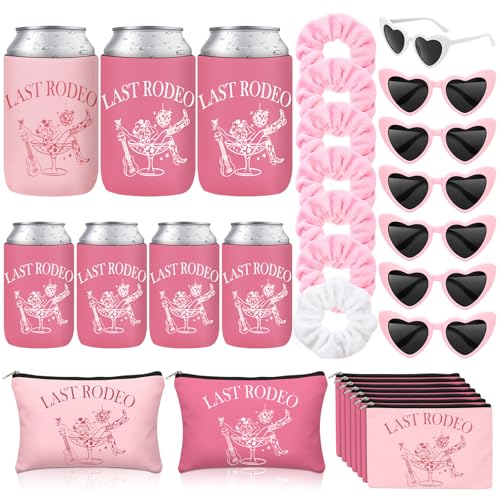 Sawysine 28 Pcs/7 Set Last Rodeo Bachelorette Favors for Nashville Western Cowgirl Bachelorette Decoration Supplies Bridal Shower Favors with Pink Can Sleeve Makeup Bag Scrunchie Sunglass