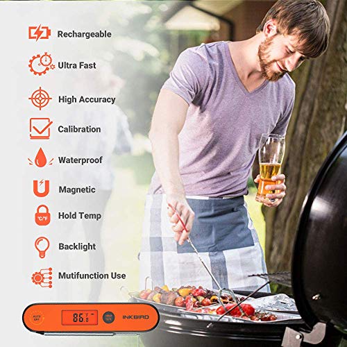 INKBIRD Thermomètre à viande numérique Thermome de cuisson étanche avec rétroéclairage à aimant d'étalonnage rechargeable,IHT-1P Thermomètre rapide avec sonde pliante pour griller le frittage profond BBQ Lait