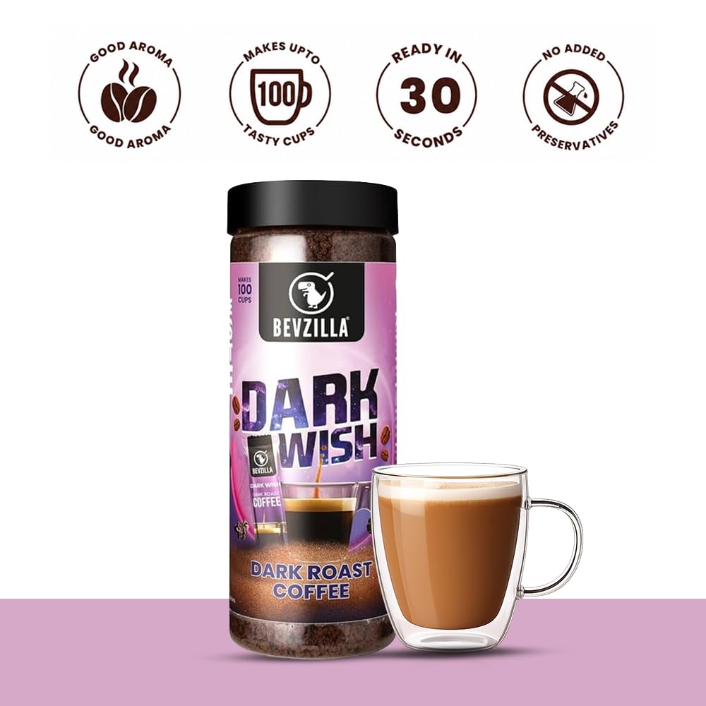 Bevzilla Black Roast (Dark Wish) - Caffè forte in polvere, 200 g, per 100 tazze, caffè arabica in polvere, audace e intenso, ideale per espresso, cappuccino, latte macchiato, preparato per birra calda