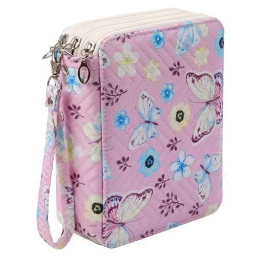 HMZSP 72 Slots Soft Quilted Pencil Case With Zipper Colored Pencils Watercolor Pens for Teen Girls and Adult Butterfly Pink