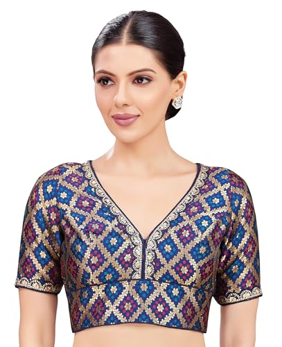 Studio Shringaar Women's Brocade Elbow Length Sleeves Readymade Embroidered Saree Blouse