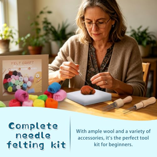Image of Mayboos 60 Colors Needle Felting Kit with Assorted Wool Roving & Needles | Soft Felting Wool, with 4 Sizes Felting Needles 60 Pcs Total &3 Wooden Handles for Adults & Beginners DIY Felting