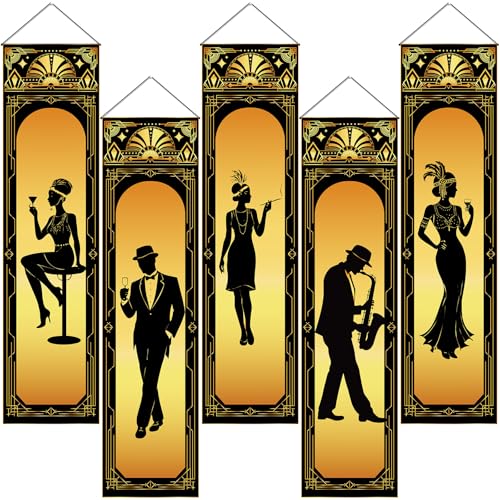 5 Pcs Roaring 20s Party Decorations Black Gold 1920s Hanging Banner
