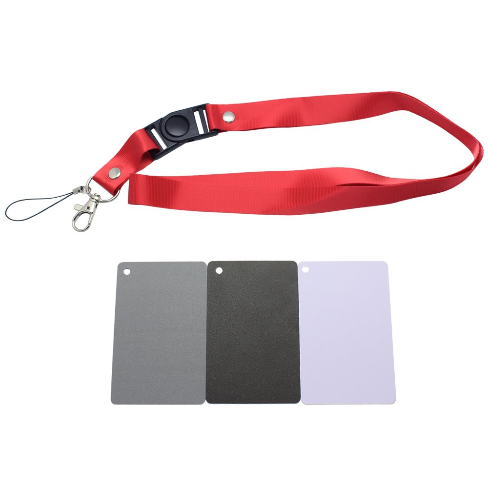 Juego 3 en 1 de tarjetas de balance de color y exposición para fotografía digital, gris 18%/blanco/negro, con correa