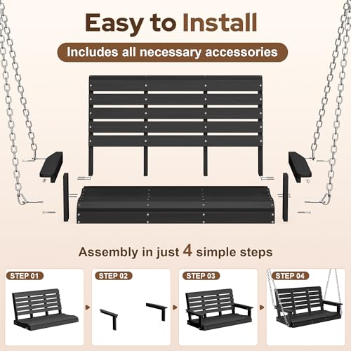 Image of Psilvam 4 FT 2-Seat Porch Swing, 660 LBS Hanging Chair Outdoor, Black