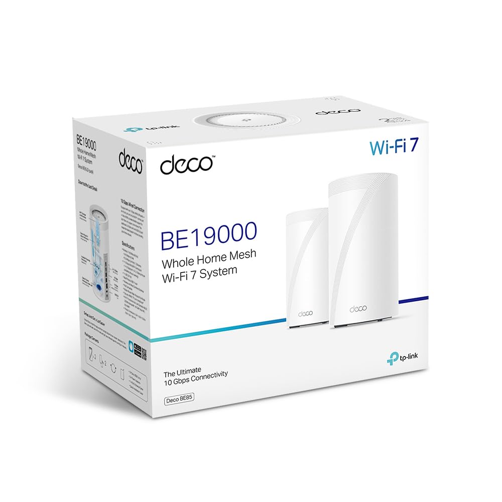 TP-Link Deco BE85 Wi-Fi 7 Mesh WLAN-Set, BE19000 Tri-Band-Router und Repeater (10 Gbit/s Ethernet/Glasfaser-Port, 19 Gbps Wi-Fi-Geschwindigkeit, WPA3, 320 MHz Kanäle, 6 GHz)
