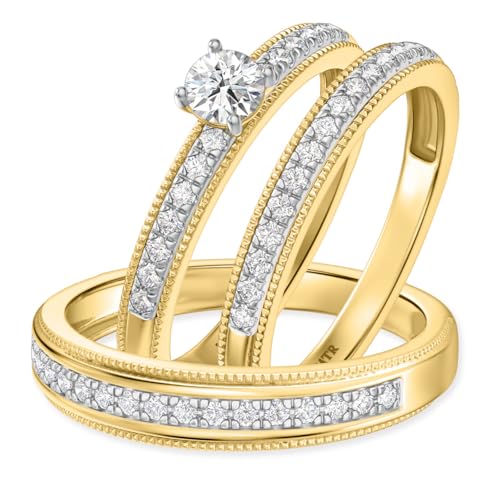 Triostar Trio His And Her Bridal Wedding Engagement Ring Set 14K Yellow Gold Over 925 Silver