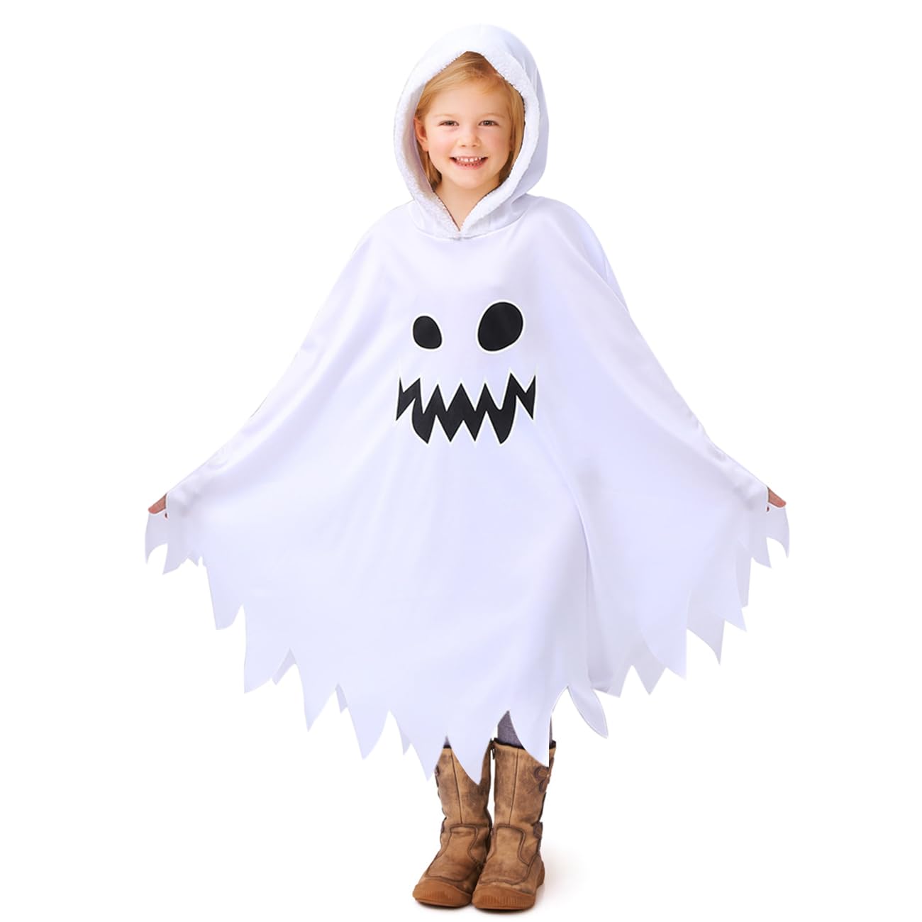 ZZOUFI Ghost Costume Kids, Ghost Outfit for Baby Toddler Girl Boy, Halloween Childrens Ghost Costume, White Hooded (Suggested Age 4-5-6, Height 110-120cm)