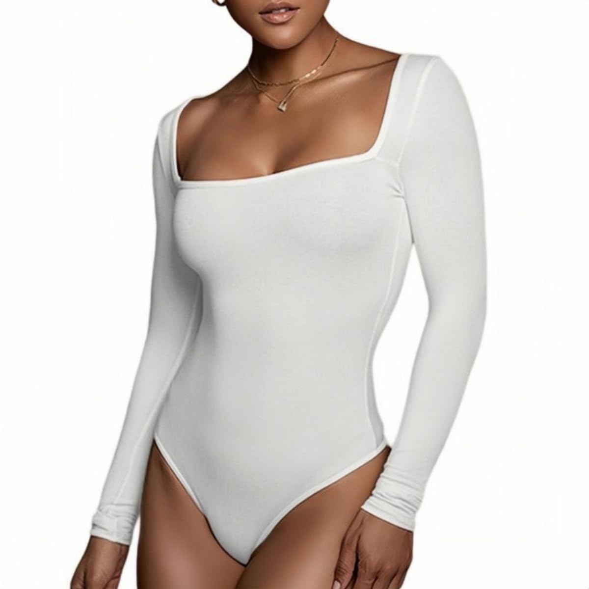 Women's Bodysuits Long Sleeve Square Neck Body Suits Sexy Ladies Low Cut Thong Bodysuit Top Stretchy Slim Fit Leotards Tops Basic T Shirt Blouse Casual Going Out Outfit